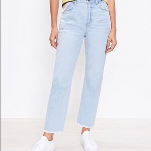 Loft Distressed Hem High Rise Straight Crop Jeans in bleach out wash